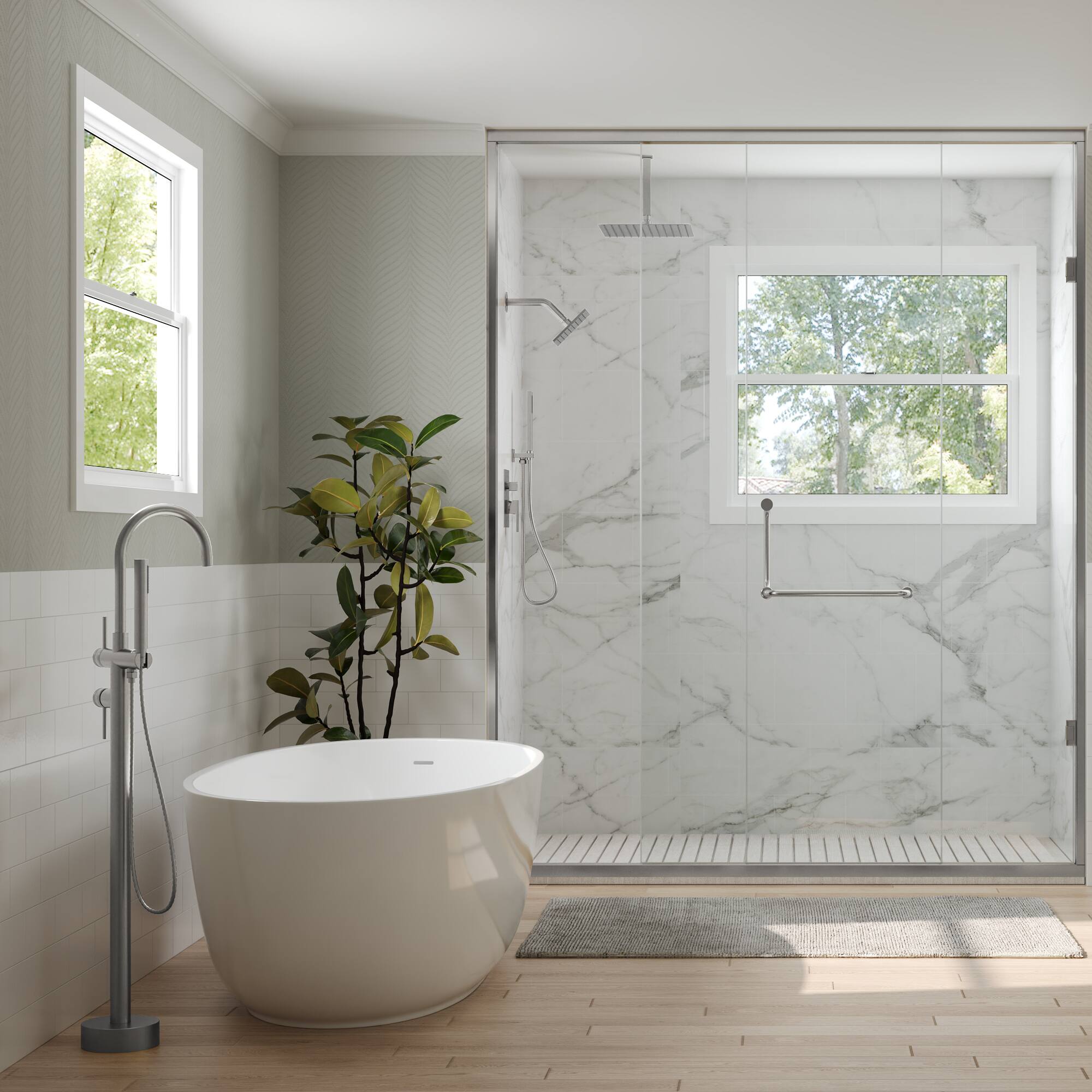 Left. GRANDJOY - Freestanding Bathtub Faucet with Hand Shower and Floor Mount Installation, Modern Design - Brushed Nickel.