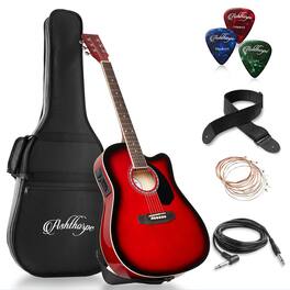 Ashthorpe - Full-Size Cutaway Thinline Acoustic-Electric Guitar w/ Gig Bag and EQ - Red