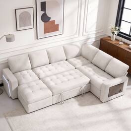 Dyonery - 5-Seat Modular Sectional Sleeper Sofa Bed with Pull Out Bed/Reclining Backrest/USB Ports/Storage Seat, L-Shaped Sofa. - Beige