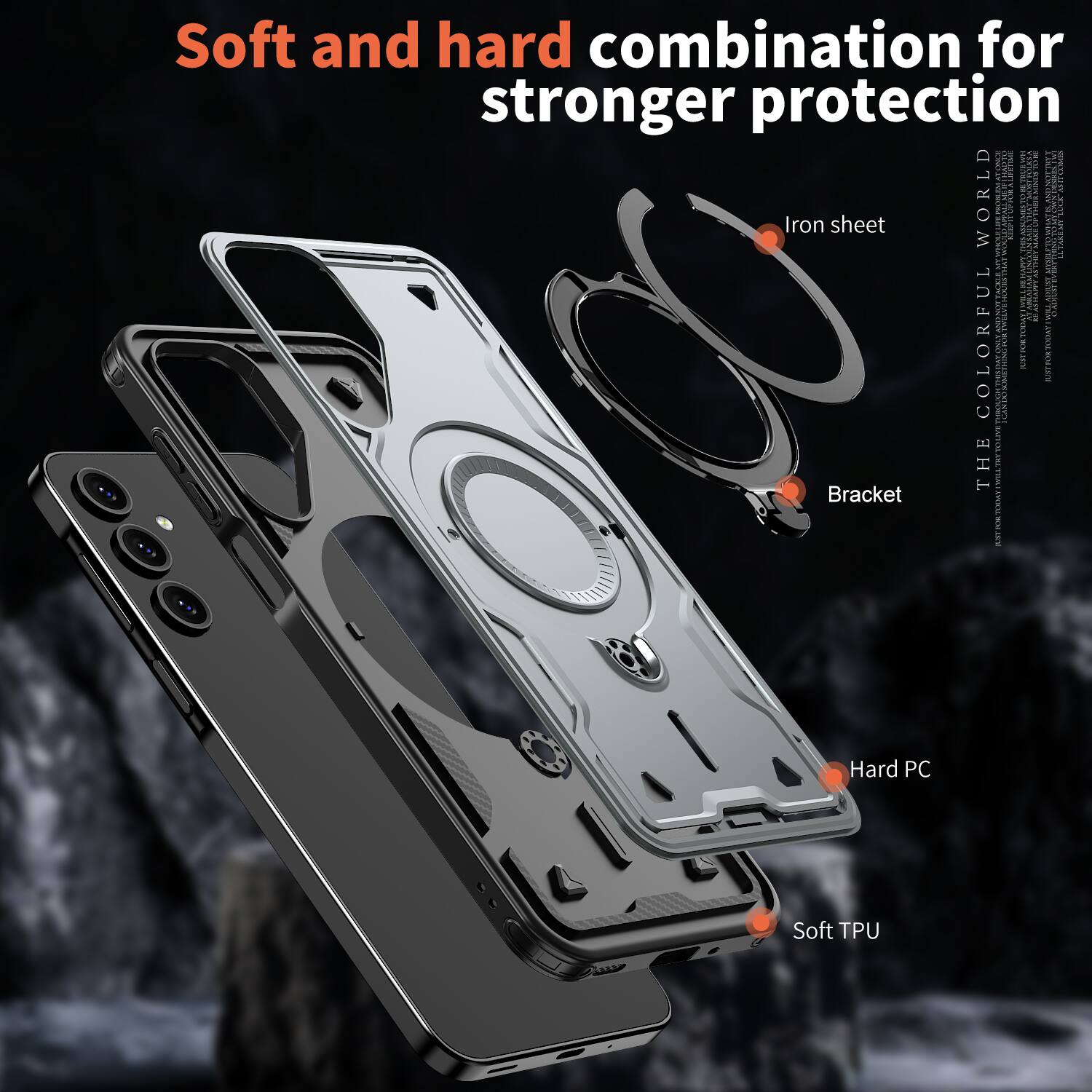 Soft and hard combination for stronger protection

Iron sheet

Bracket

Hard PC

Soft TPU