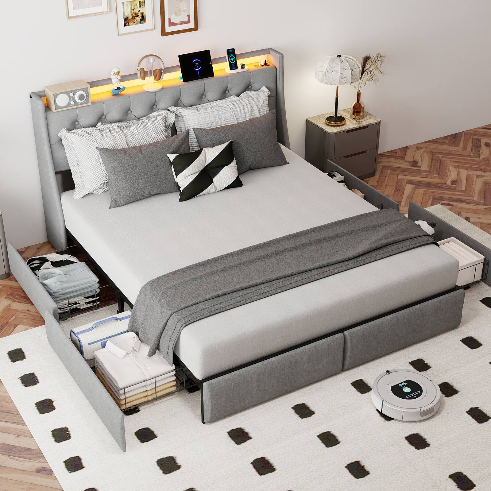 Angle. Anysun - King Size Upholstered Bed Frame with RGB LED Lights & Charging Station, Storage Headboard and Underbed Drawers - Grey.