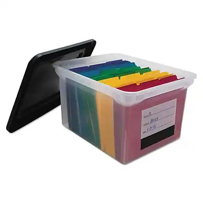 Front. Advantus - Advantus File Tote Storage Box with Snap-on Lid Closure, Letter/Legal, Clear/Black (55802) - Clear.