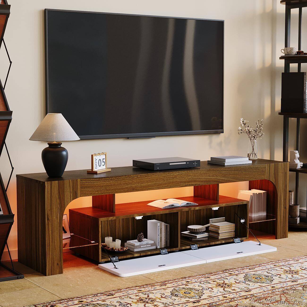 Front. GARVEE - Modern 63 Inch TV Stand Media Entertainment Center with LED Lights, Brown - Brown.