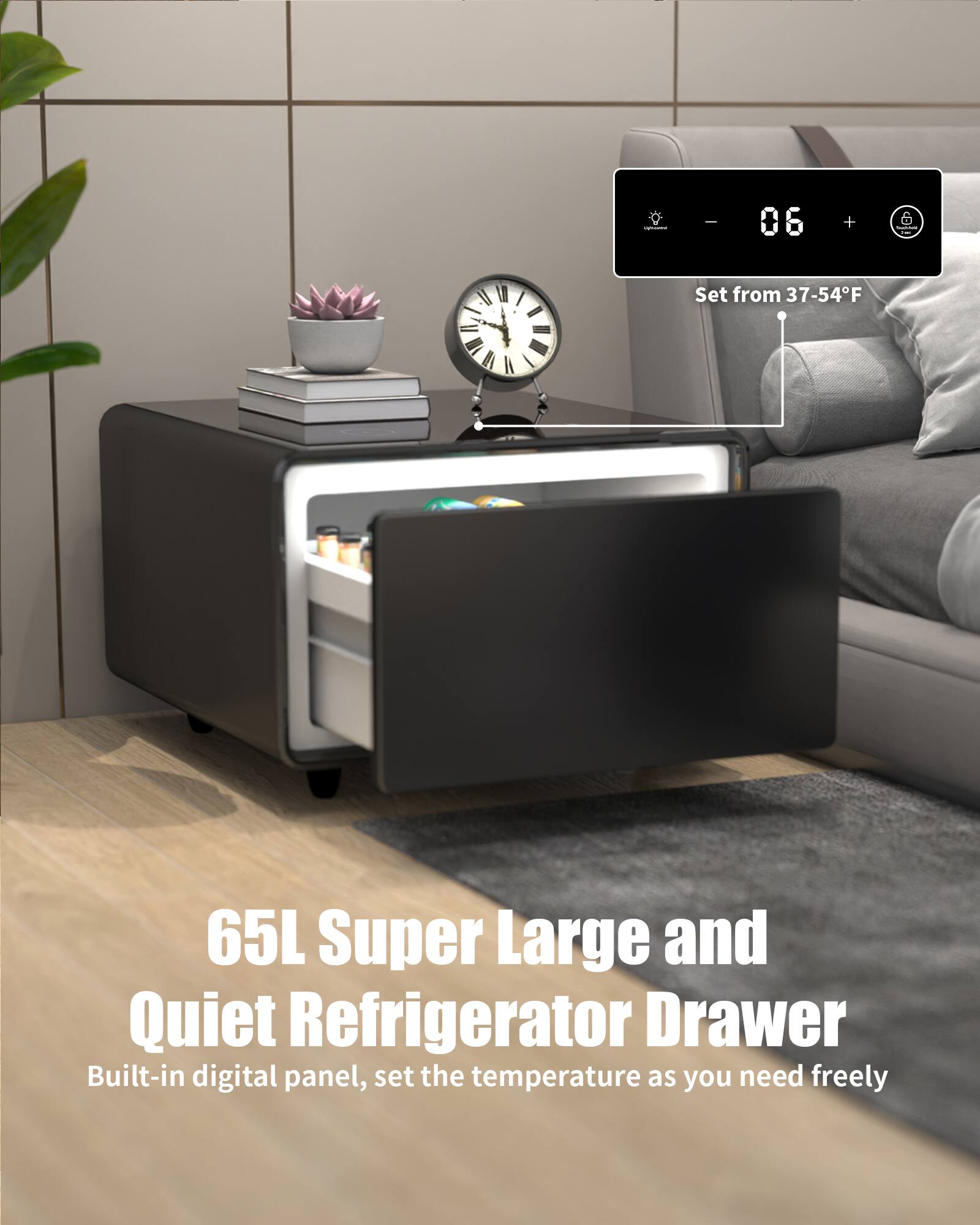 The text on the image reads: "06+ I Set from 37-54F = 65L Super Large and Quiet Refrigerator Drawer Built-in digital panel, set the temperature as you need freely."