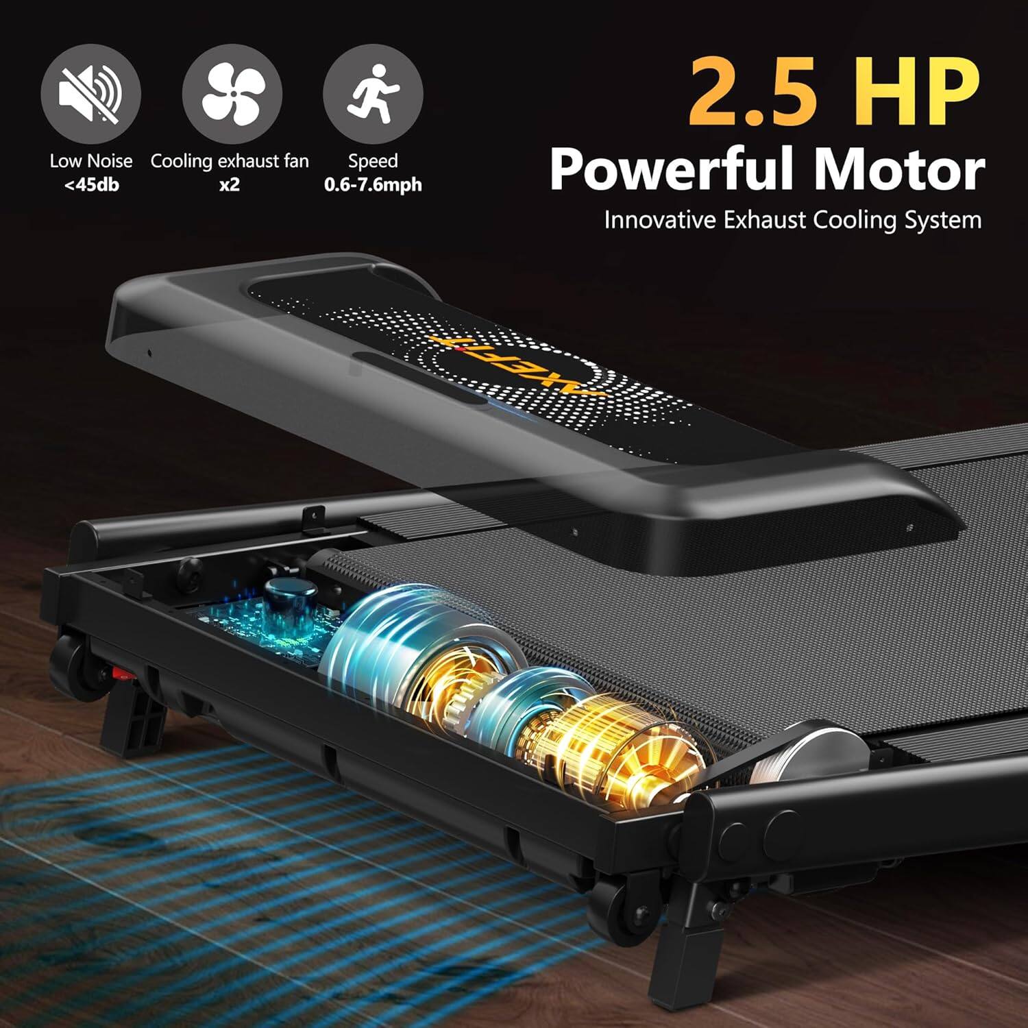 Low Noise Cooling exhaust fan  
Speed <45db x2 0.6-7.6mph  
2.5 HP Powerful Motor  
Innovative Exhaust Cooling System