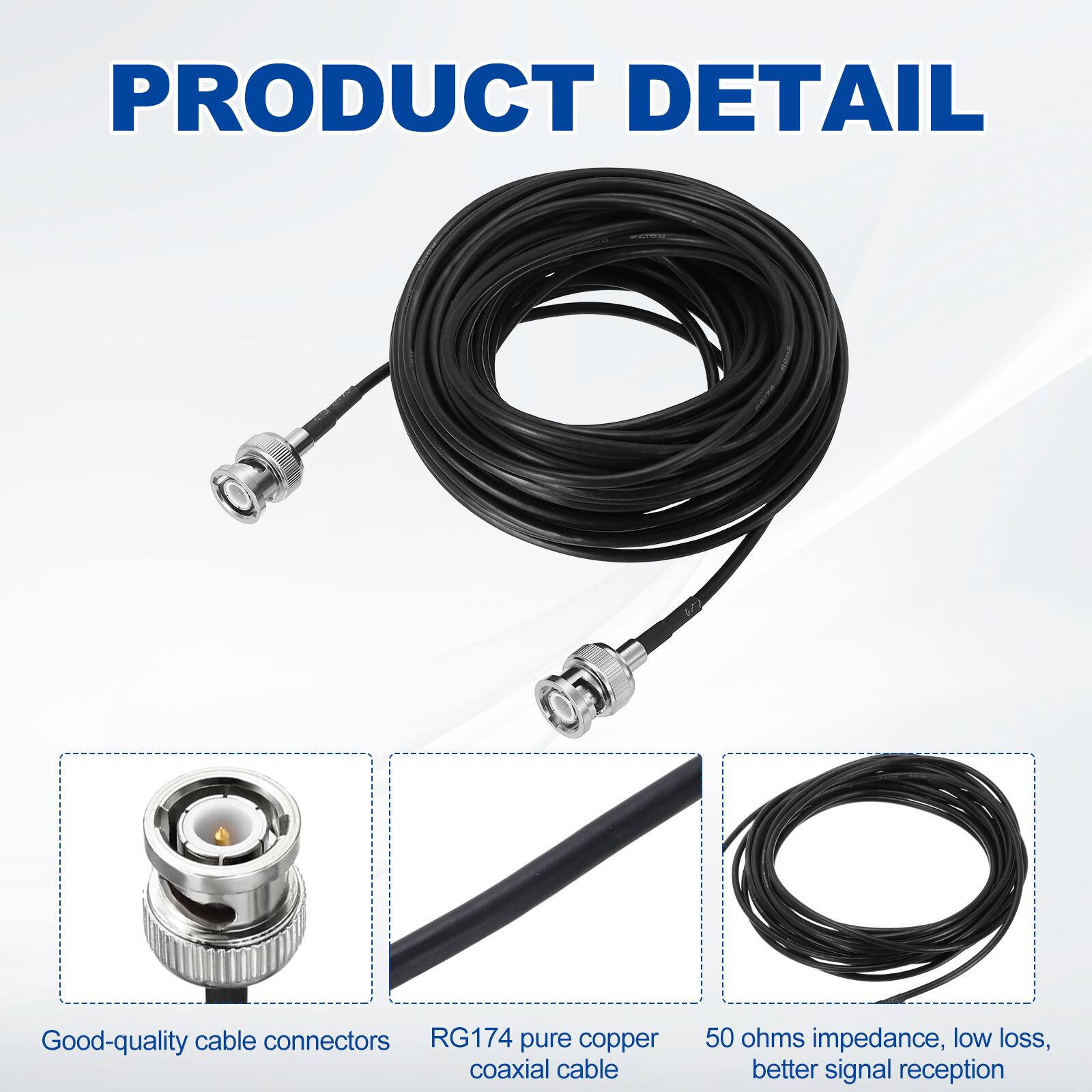 PRODUCT DETAIL

Good-quality cable connectors RG174 pure copper coaxial cable 50 ohms impedance, low loss, better signal reception