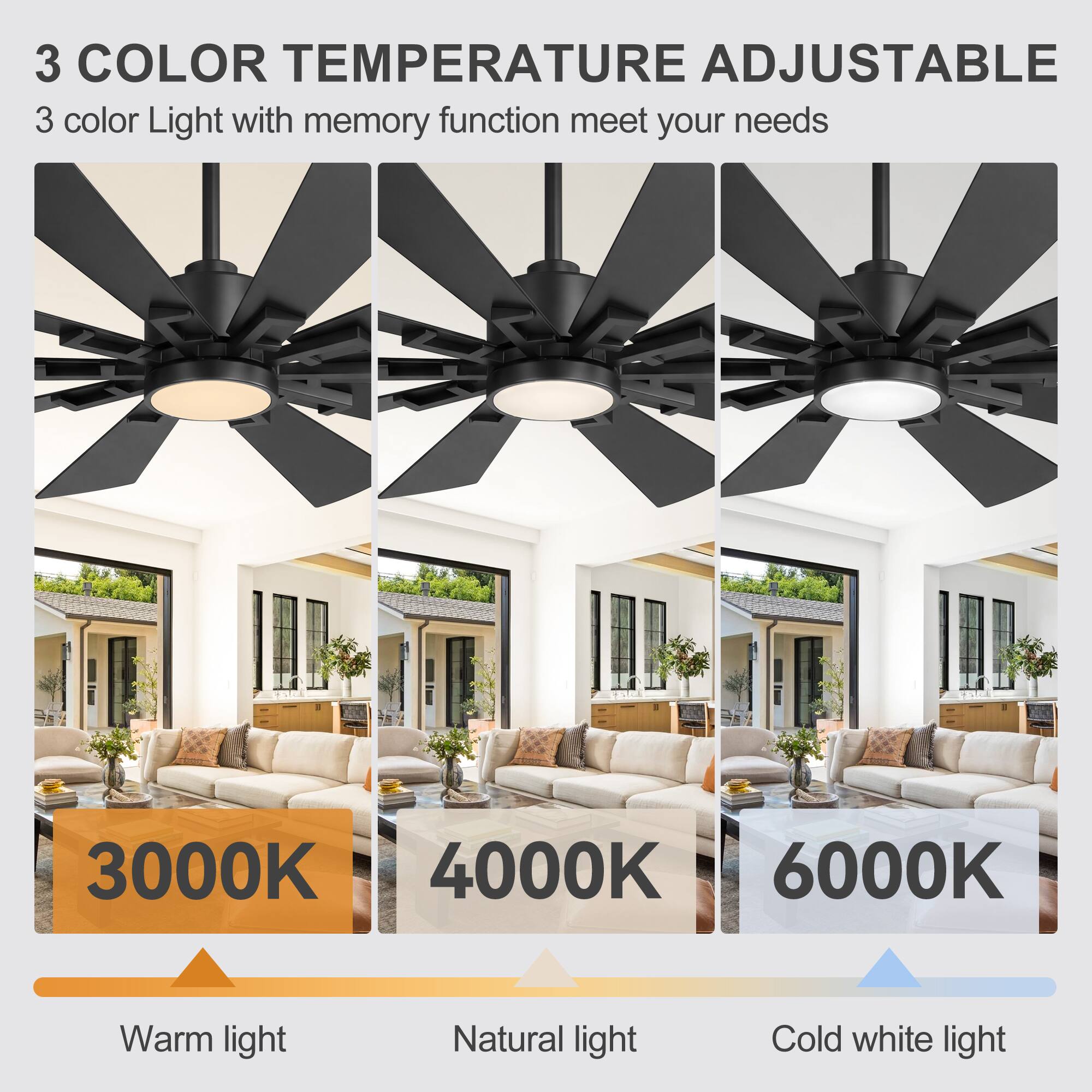 3 COLOR TEMPERATURE ADJUSTABLE  
3 color Light with memory function meet your needs  
3000K Warm light  
4000K Natural light  
6000K Cold white light