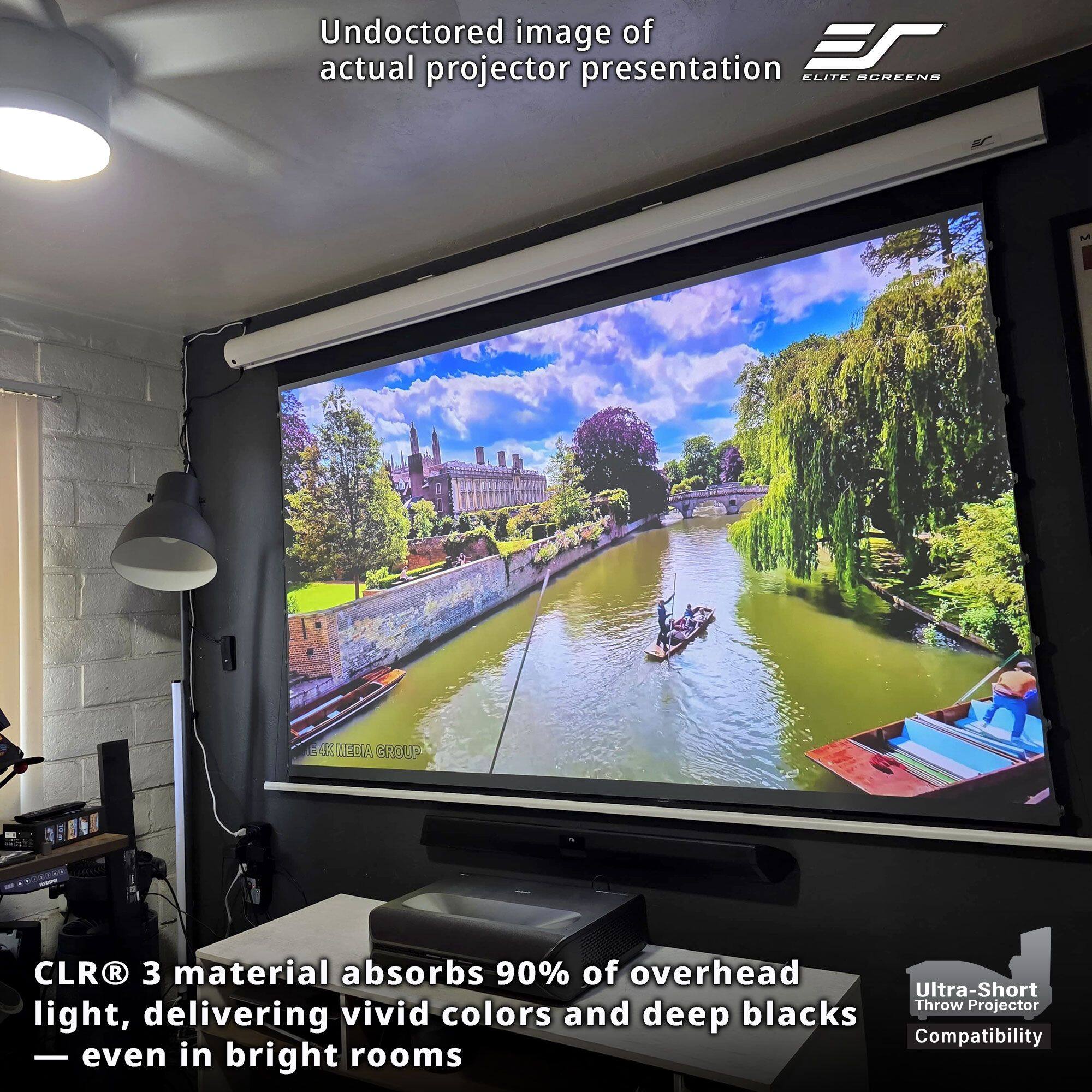 Undocored image of actual projector presentation

CLR® 3 material absorbs 90% of overhead light, delivering vivid colors and deep blacks — even in bright rooms

Ultra-Short Throw Projector Compatibility