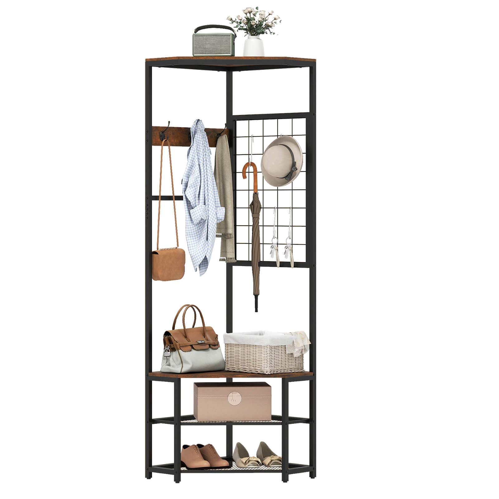Alt View 9. Costway - Costway Corner Hall Tree, Freestanding Coat Rack with Storage Shelves & Removable Hooks - Rustic Brown + Black.