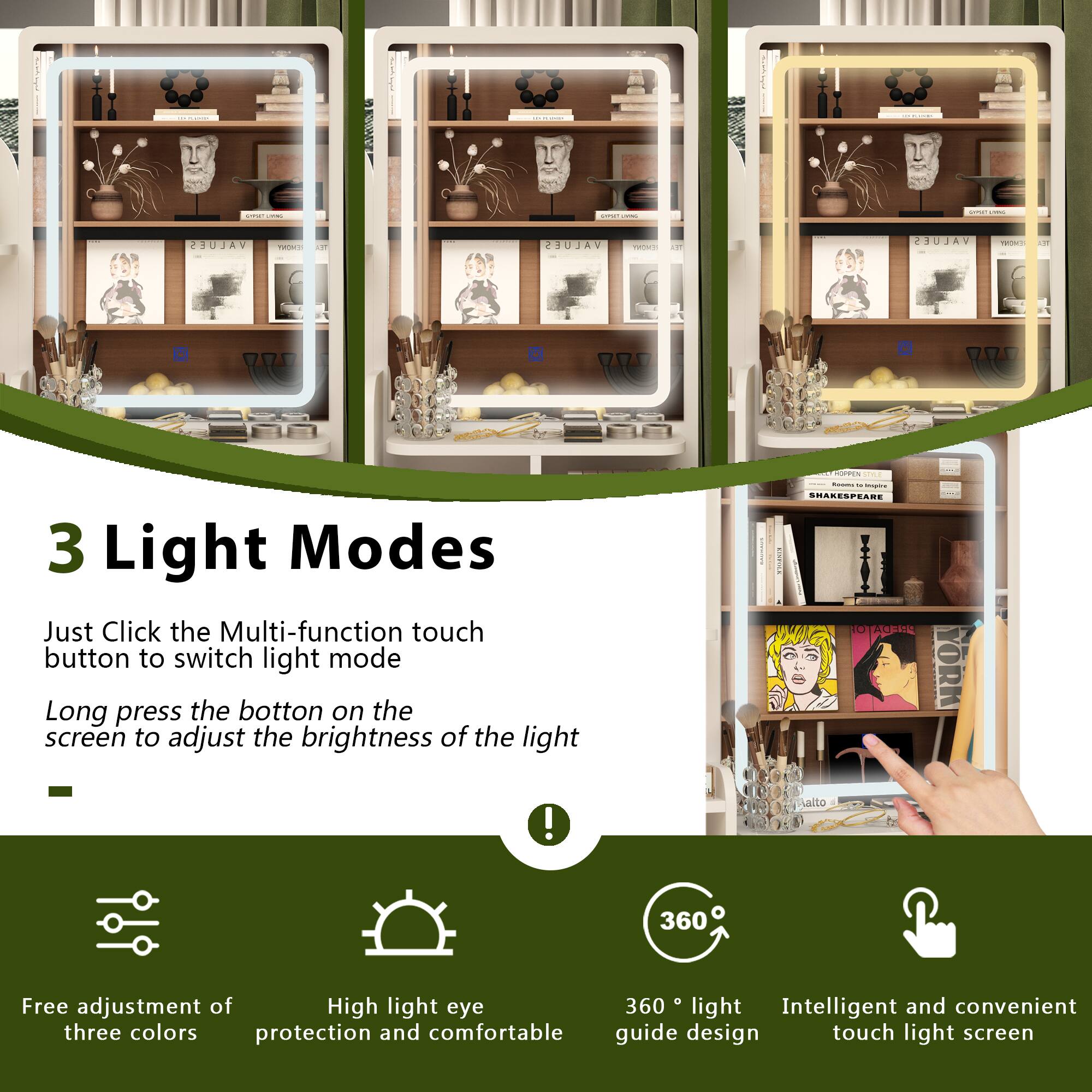 - S621
- I VALUES
- Ada
- VALUE
- Sodca
- 3 Light Modes
- Just click the Multi-function touch button to switch light mode
- Long press the button on the screen to adjust the brightness of the light!
- SHAKESPEARE
- 10 NeRii
- YORK
- 360 Free adjustment of High light eye
- 360 light
- Intelligent and convenient three colors protection and comfortable guide design touch light screen