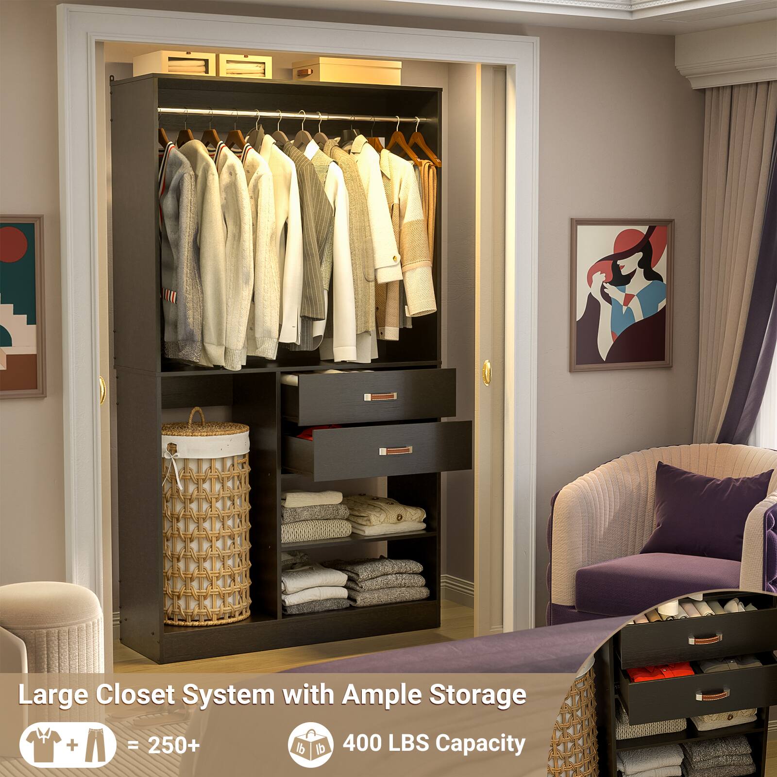 Large Closet System with Ample Storage  
= 250+ lb  
400 LBS Capacity