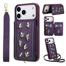 Dteck - Floral Flip Wallet Case for Apple iPhone 17 Pro Max,Fashion Crossbody PU Leather Card Holder Cover with Wrist Strap - Purple