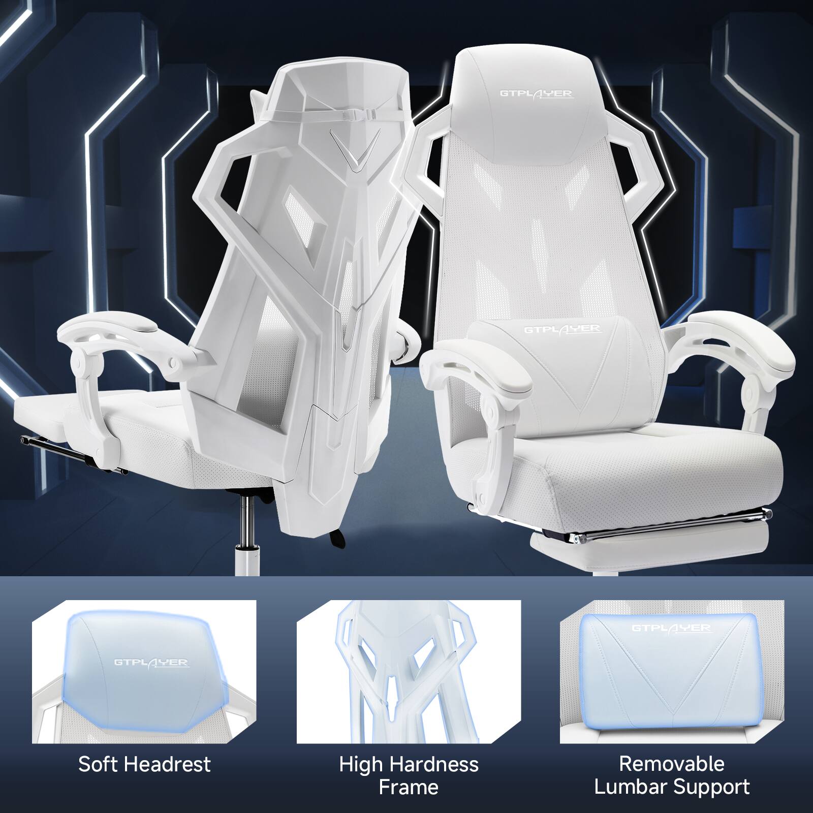 The image features two white chairs with a soft headrest, high hardness frame, and removable lumbar support. The chairs are designed for comfort and support, making them suitable for various activities and settings.