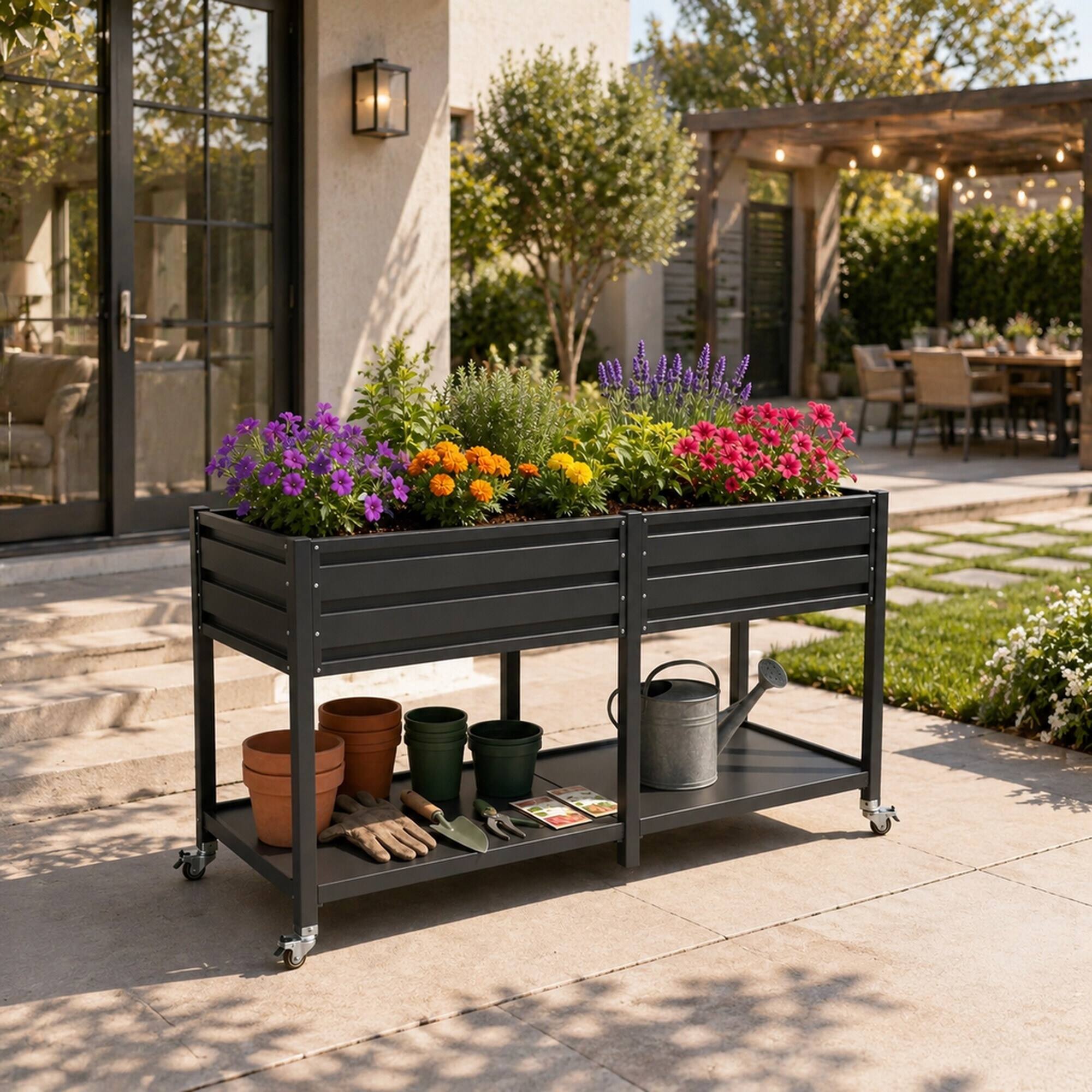 Left. RYHNUYNE - 2-Tier Elevated Metal Wicking Garden Bed with Lockable Wheels & Storage Shelf, Dark Gray Self-Watering Planter - Grey.