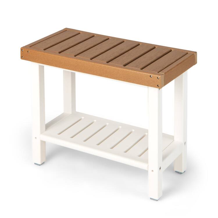 Front. SlickBlue - HDPE Shower Chair with 2 Tiers, Storage Shelf, and Anti-Skid Foot Pads - Brown.