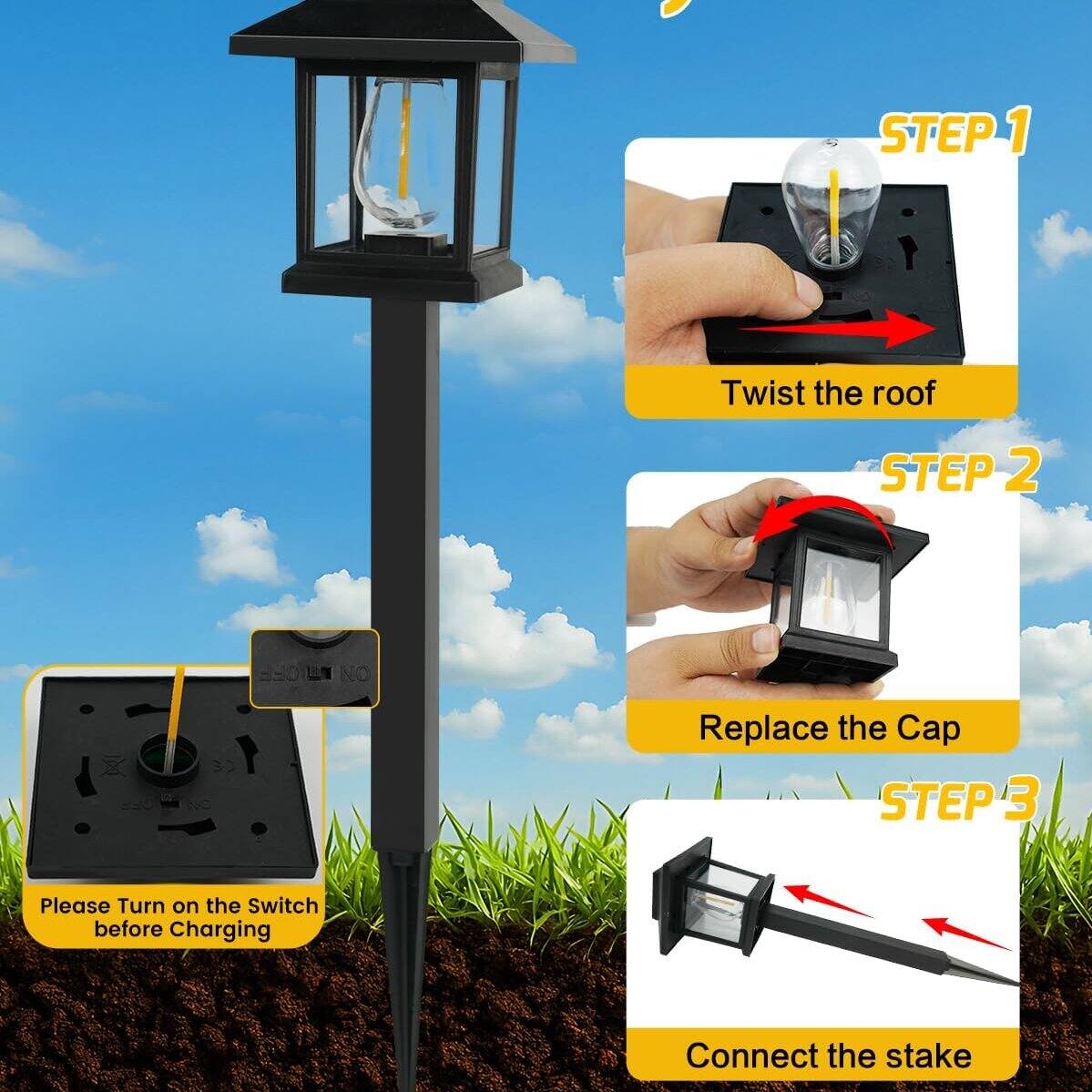 STEP 1  
Twist the roof

STEP 2  
Replace the Cap

STEP 3  
Please Turn on the Switch before Charging  
Connect the stake