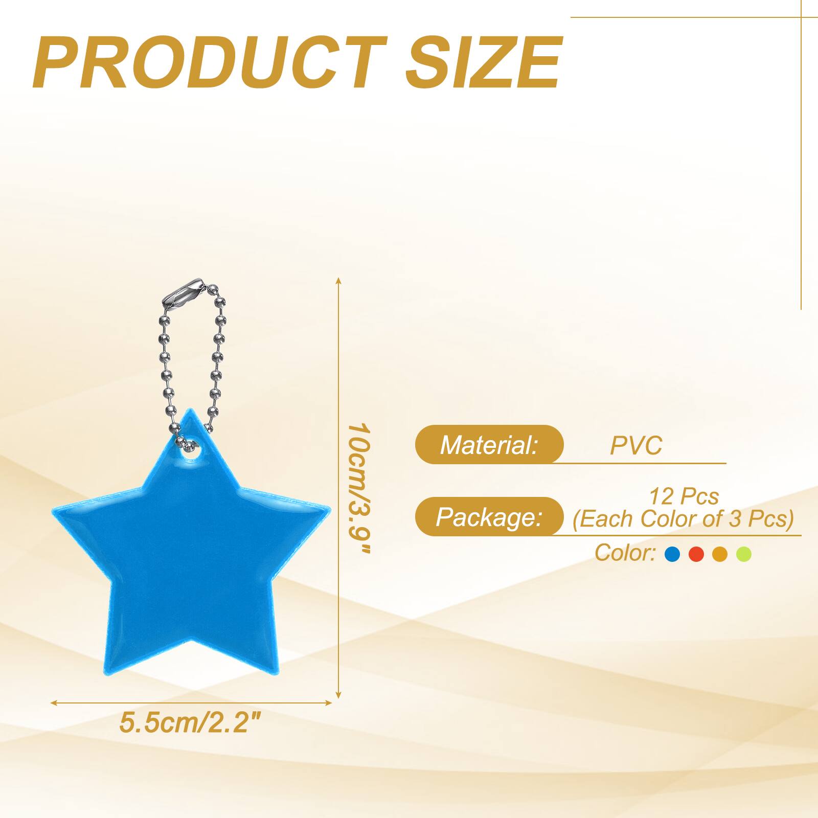 PRODUCT SIZE  
10cm/3.9"  
9"  
Material: PVC  
Package: 12 Pcs (Each Color of 3 Pcs)  
Color: 5.5cm/2.2"
