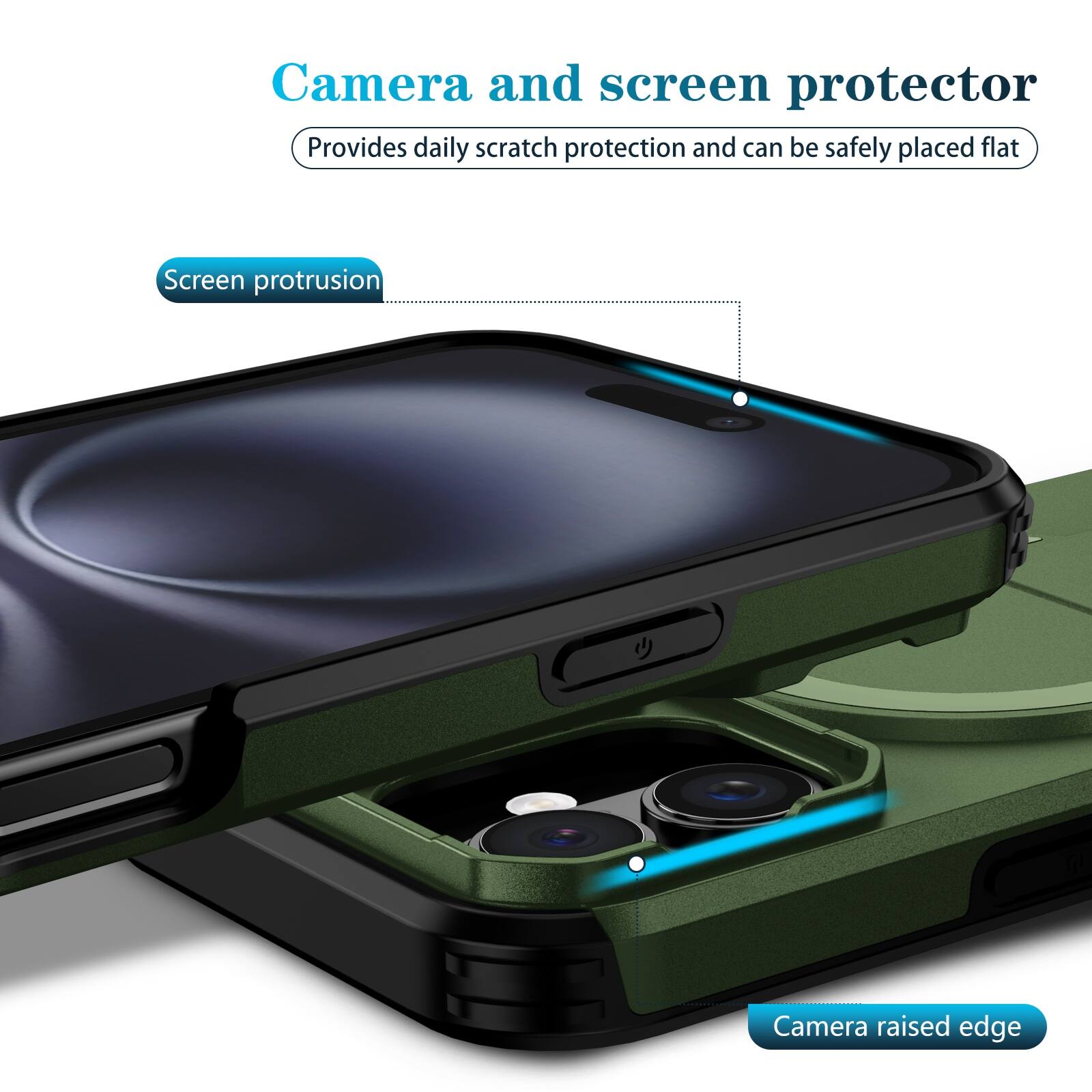 Camera and screen protector  
Provides daily scratch protection and can be safely placed flat  

Screen protrusion  
Camera raised edge