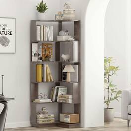 Kadyn - 6-Tier L-Shaped Corner Bookshelf, Wood Bookcase with Anti-Tip Device - Dark Brown