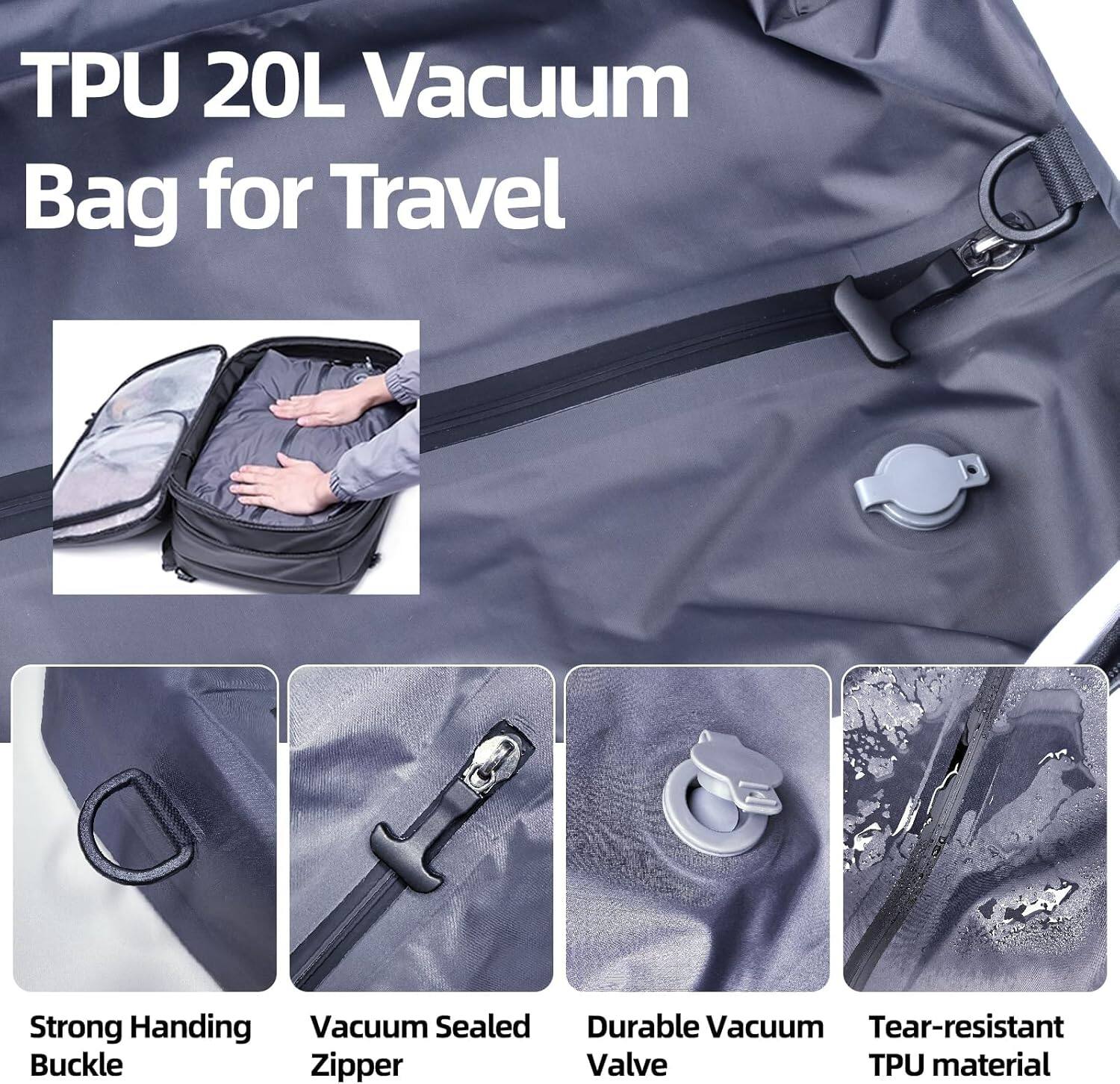 TPU 20L Vacuum Bag for Travel

- Strong Hinging Buckle
- Vacuum Sealed Zipper
- Durable Vacuum Valve
- Tear-resistant TPU material