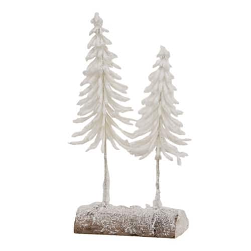 BreeBe - Heavy Flocked Pine Tree Pair on Log - White