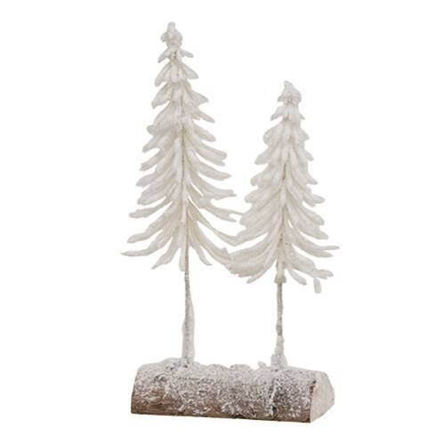 Front. BreeBe - Heavy Flocked White Pine Tree Pair on Log - White.