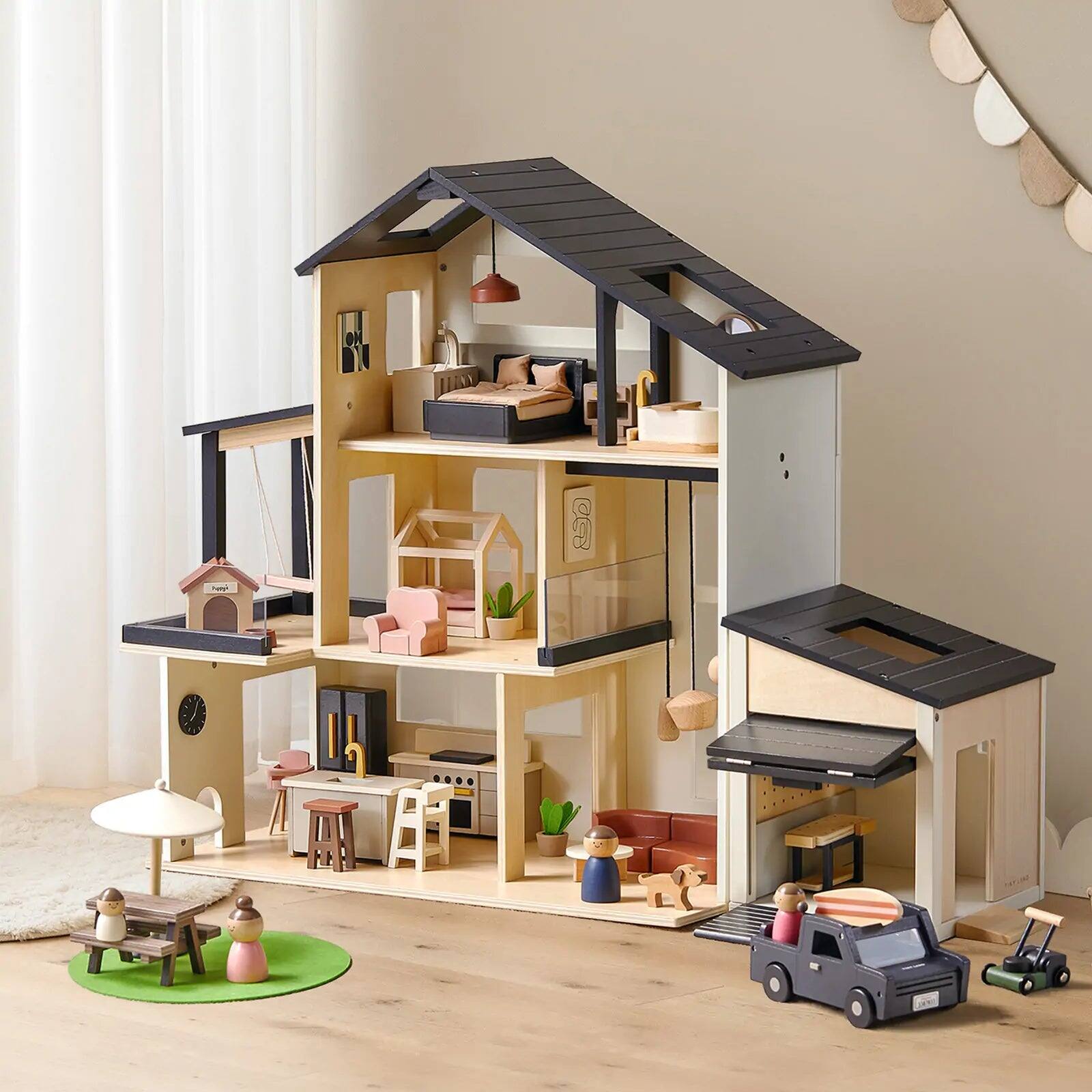 Angle. Tiny Land - Wooden Dollhouse Playset with Garage, Doll Family & SUV, Pretend Play Toy for Kids - Black.
