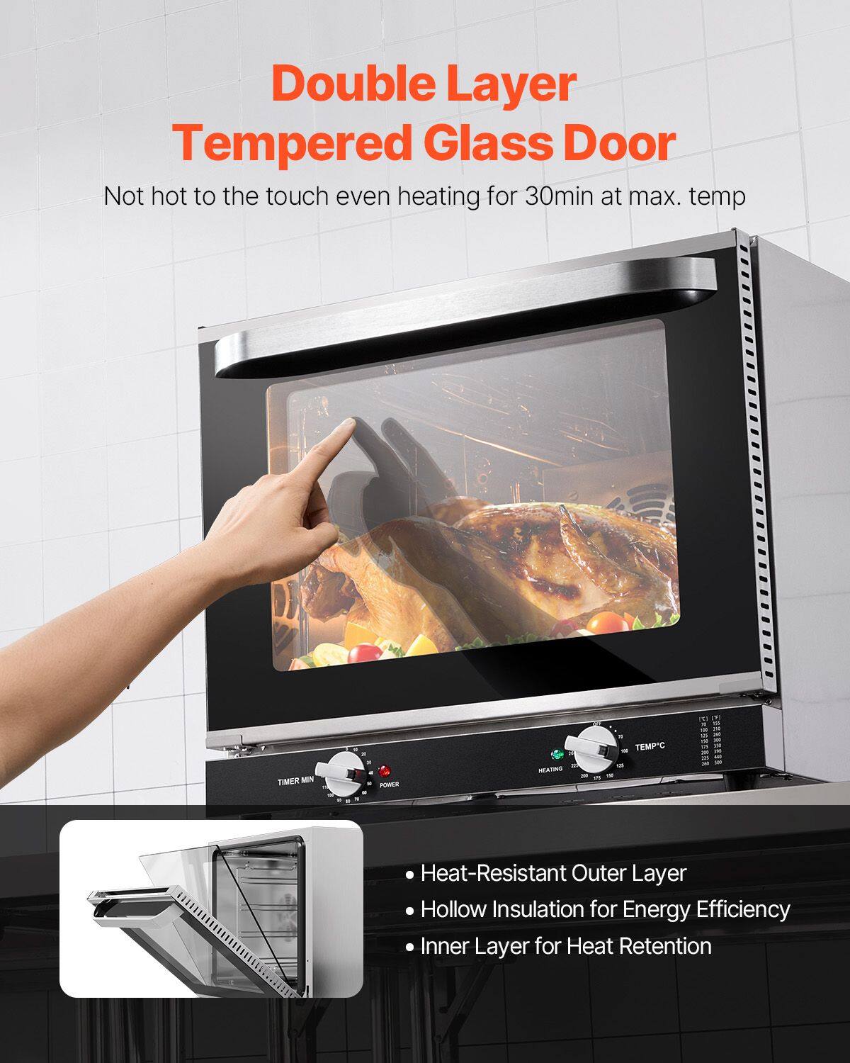 Double Layer Tempered Glass Door  
Not hot to the touch even heating for 30min at max. temp  

TIMER MIN  
POWER  
HEATING  
TEMP°C  

Heat-Resistant Outer Layer  
Hollow Insulation for Energy Efficiency  
Inner Layer for Heat Retention