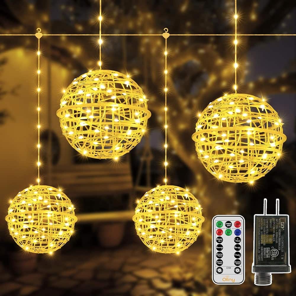 RTMB - 4-Pack 7.87" LED Christmas Ball Lights, Outdoor, Remote - Warm White
