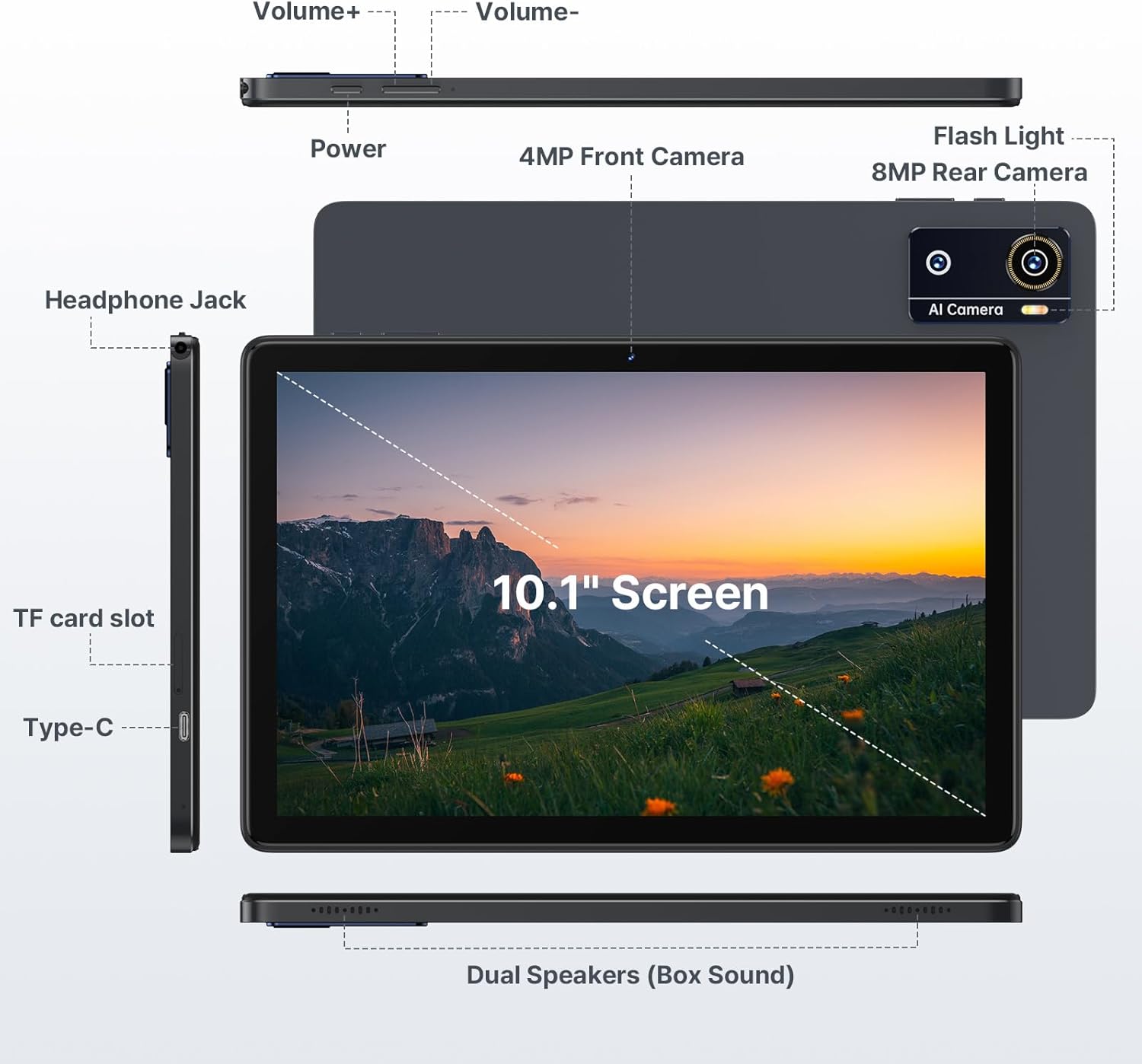 Volume+ Volume- Power 4MP Front Camera Flash Light 8MP Rear Camera Headphone Jack AI Camera TF card slot 10.1" Screen Dual Speakers (Box Sound)