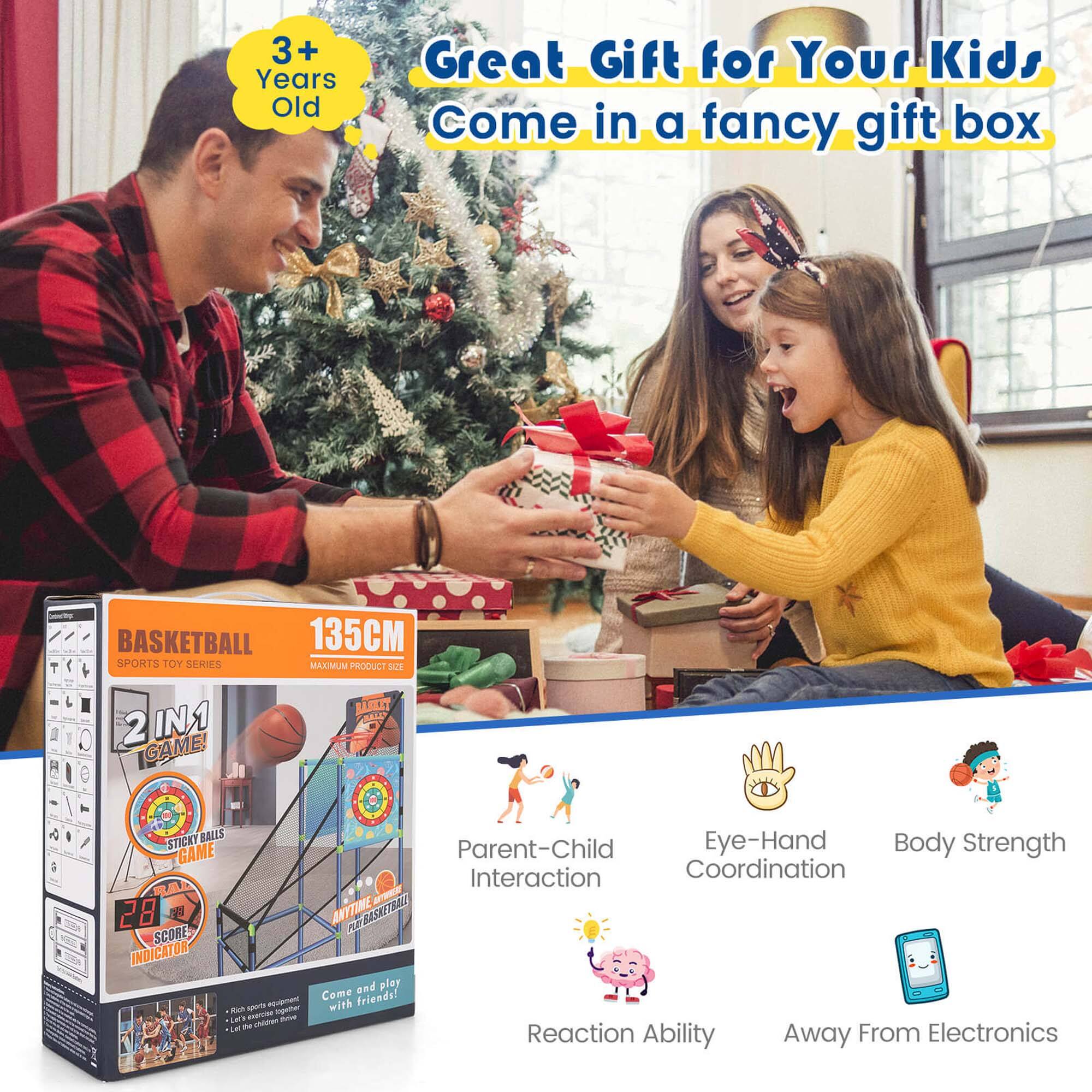 The text on the image is grouped and corrected as follows:

"3+ Years Old Great Gift for Your Kids Come in a fancy gift box BASKETBALL 135CM SPORTS TDY SEHIES MAJIMUM PRODUCT sct 0 2 INA IGAME! 11 A 2 STICKT BALLS Eye-Hand GAME Parent-Child Body Strength Interaction Coordination 28 ANTTIME BASKETBALL 7R SCORE INDICATOR and play with friends! S a with N Etyae tuter La -aE - N m Reaction Ability Away From Electronics"