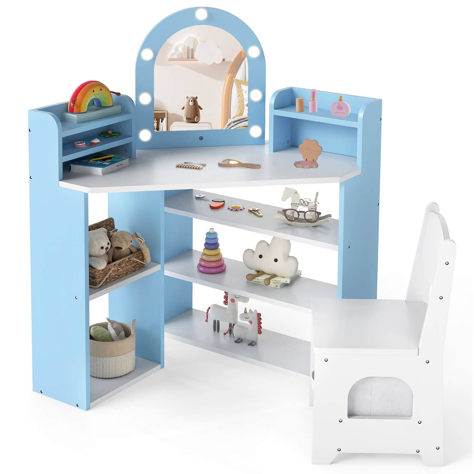 Front. Costway - Costway Corner Kids Vanity with Lights, 3 Storage Shelves, 5 Open Compartments, Accessories - Blue + White.
