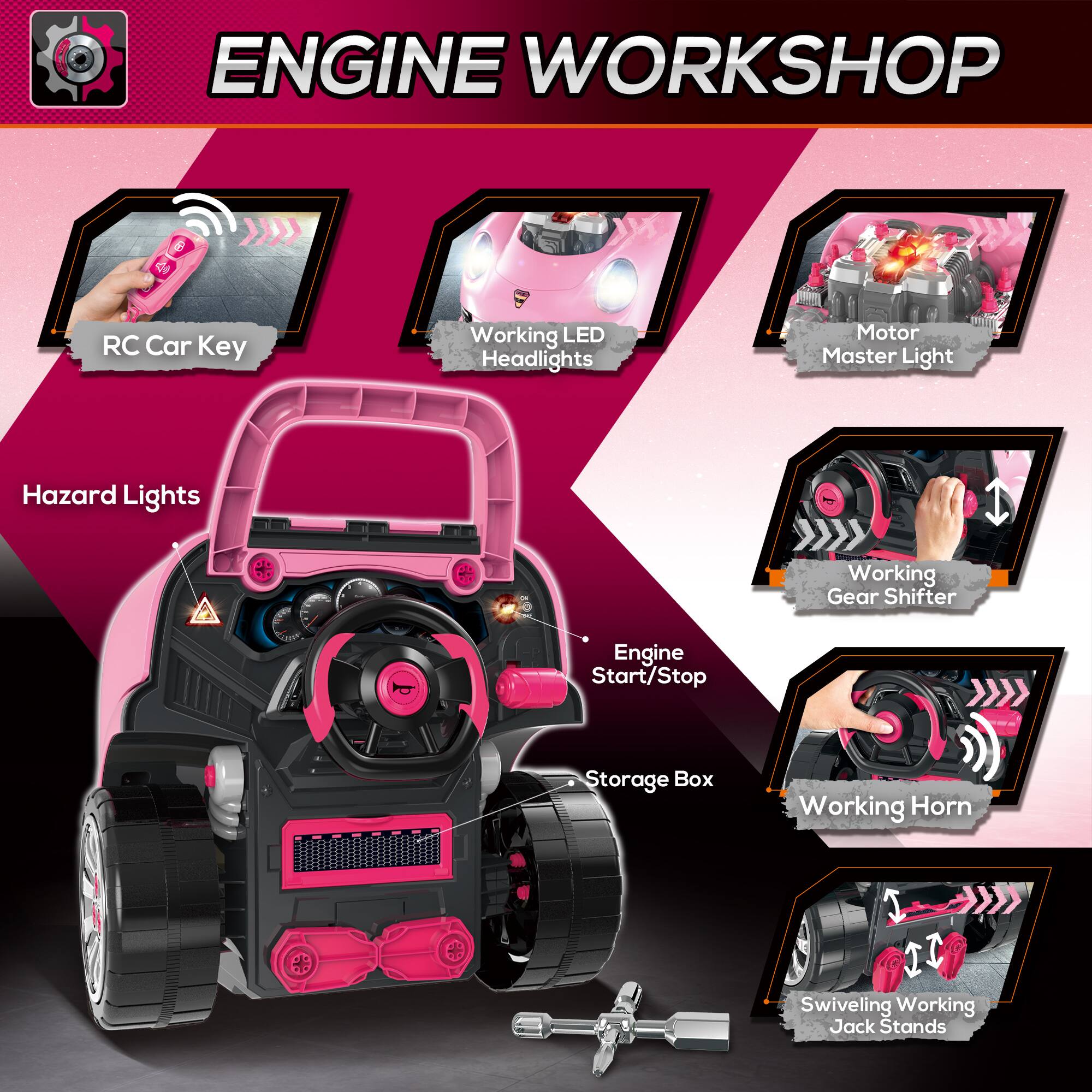 ENGINE WORKSHOP

- RC Car Key
- Working LED Headlights
- Motor Master Light
- Hazard Lights
- Working Gear Shifter
- Engine Start/Stop
- Storage Box
- Working Horn
- Swiveling Working Jack Stands