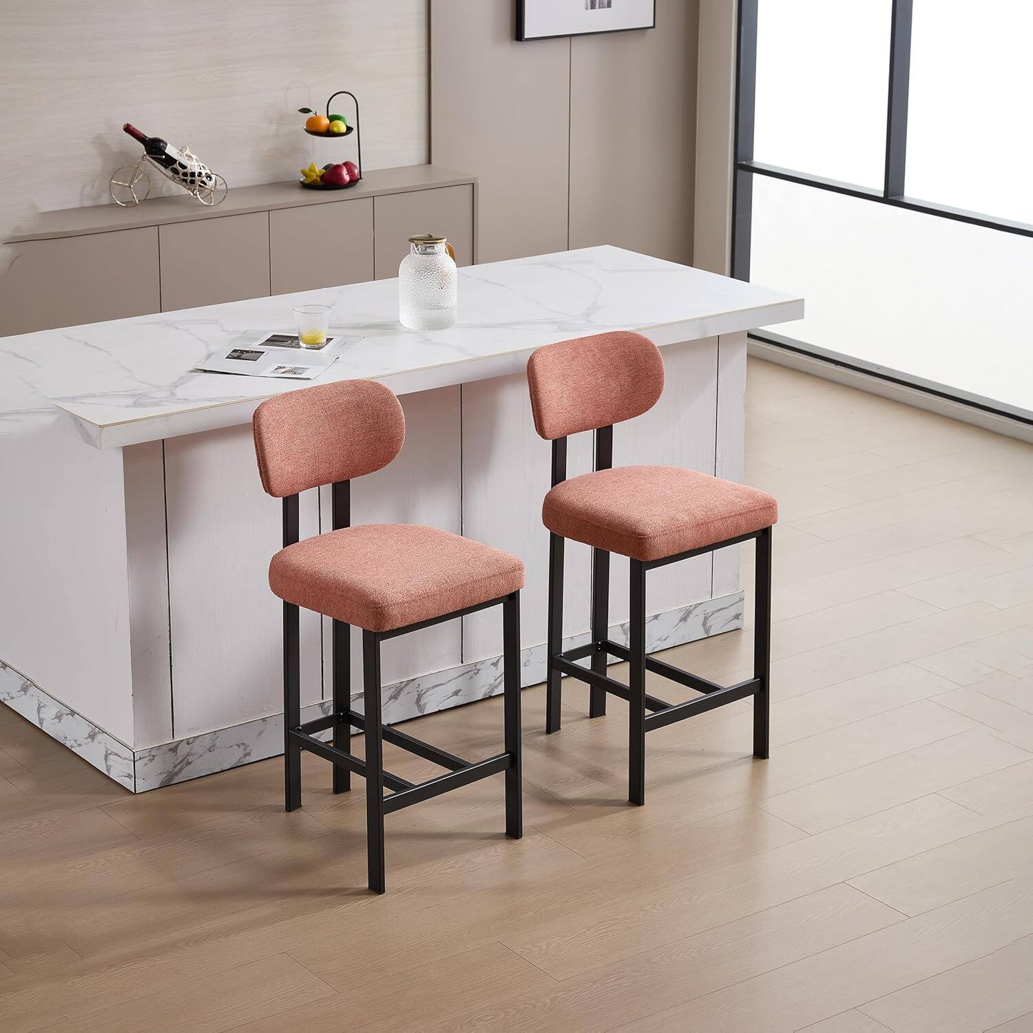Trinkets Crazed - Set of 2 Modern Upholstered Fabric Counter Height Bar Stools, 26 Inch Kitchen Island Chairs - Orange