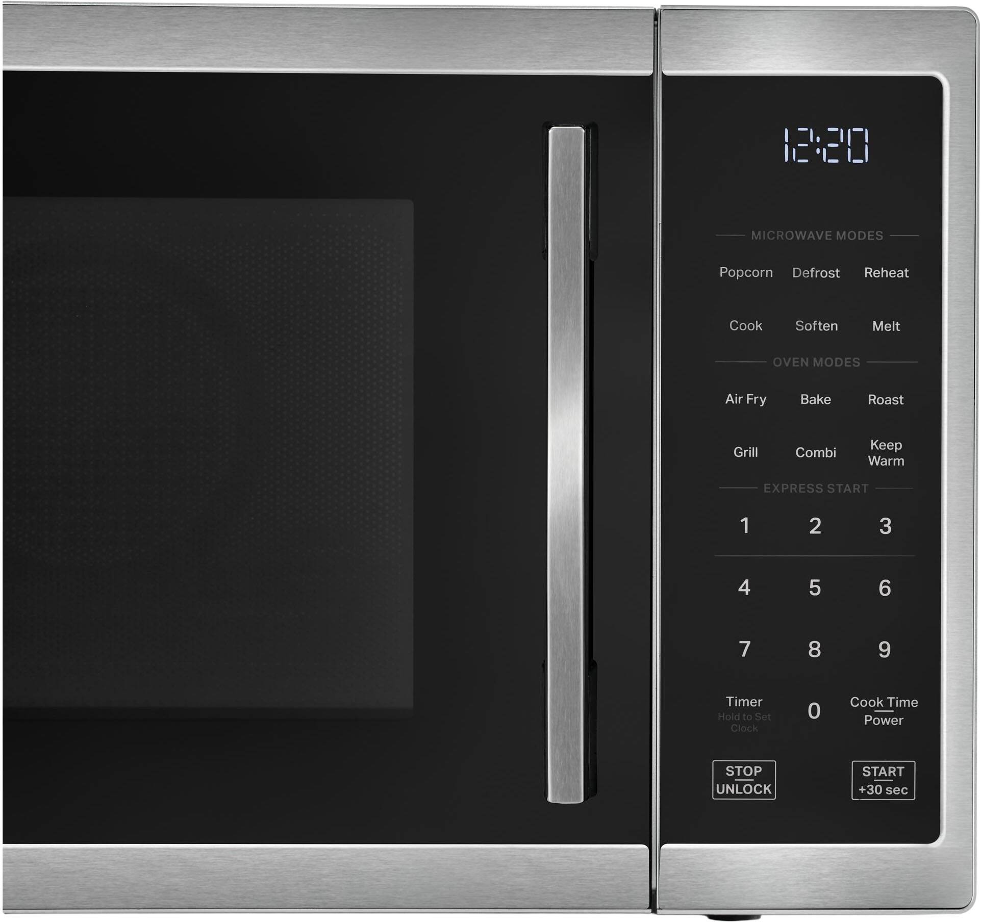 12:20

MICROWAVE MODES
- Popcorn
- Defrost
- Reheat
- Cook
- Soften
- Melt

OVEN MODES
- Air Fry
- Bake
- Roast
- Grill
- Combi
- Keep Warm

EXPRESS START
1 2 3 4 5 6 7 8 9

Timer
Hold to Set Clock

Cook Time Power

STOP UNLOCK

START +30 sec