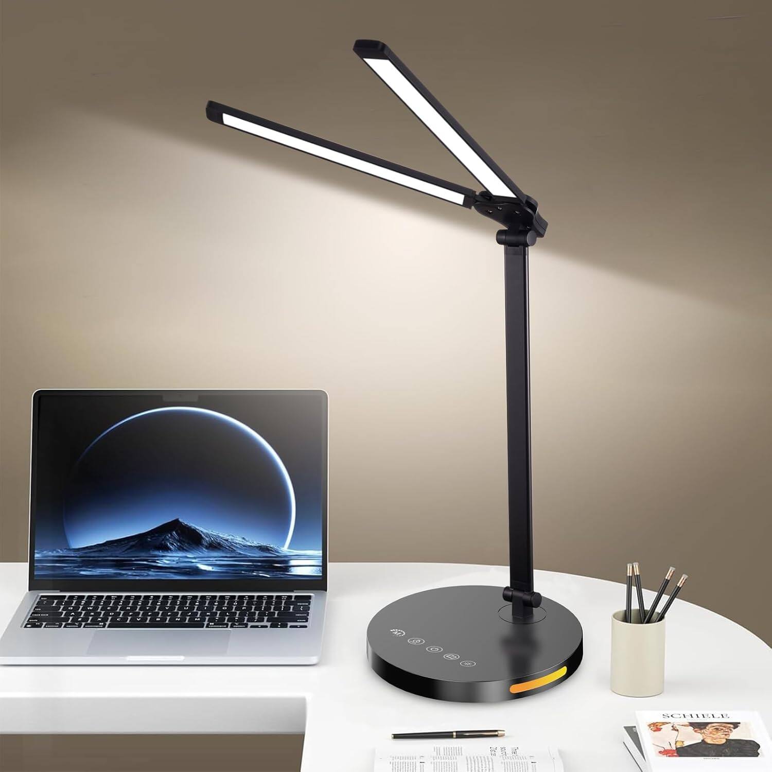 Alt View 5. Stamp n Camp - Semlos Dual Head LED Desk Lamp Eye-Caring Table Lamps 5 Lighting Modes & 5 Brightness Levels Touch Control Dimmable... - White.