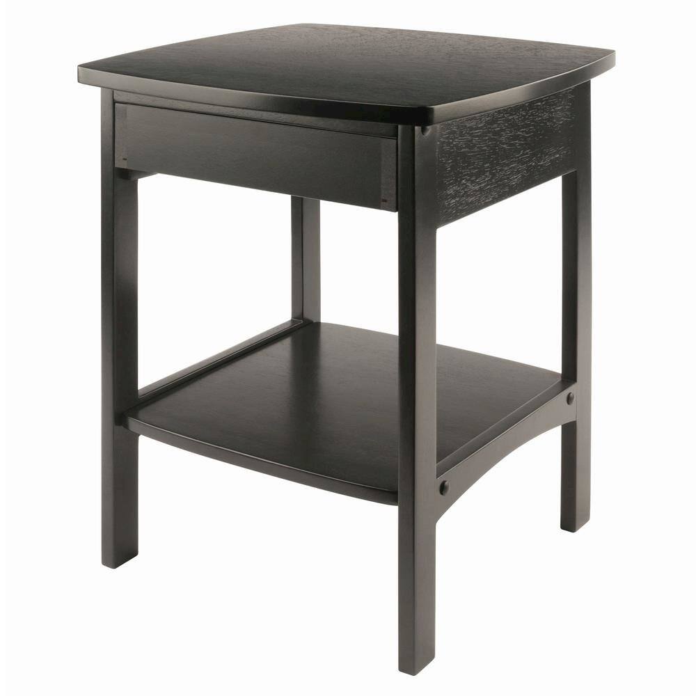 Left. FurniFact - Mid Century Nightstand In Solid Wood Black Finish With Drawer And Shelf - Black.