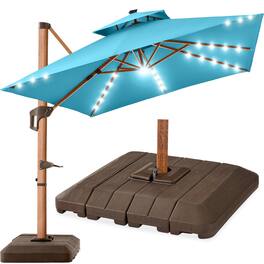 Best Choice Products - 10ft Square Woodgrain Pattern 2-Tier Outdoor Solar LED Cantilever Umbrella w/ Base - Sky Blue