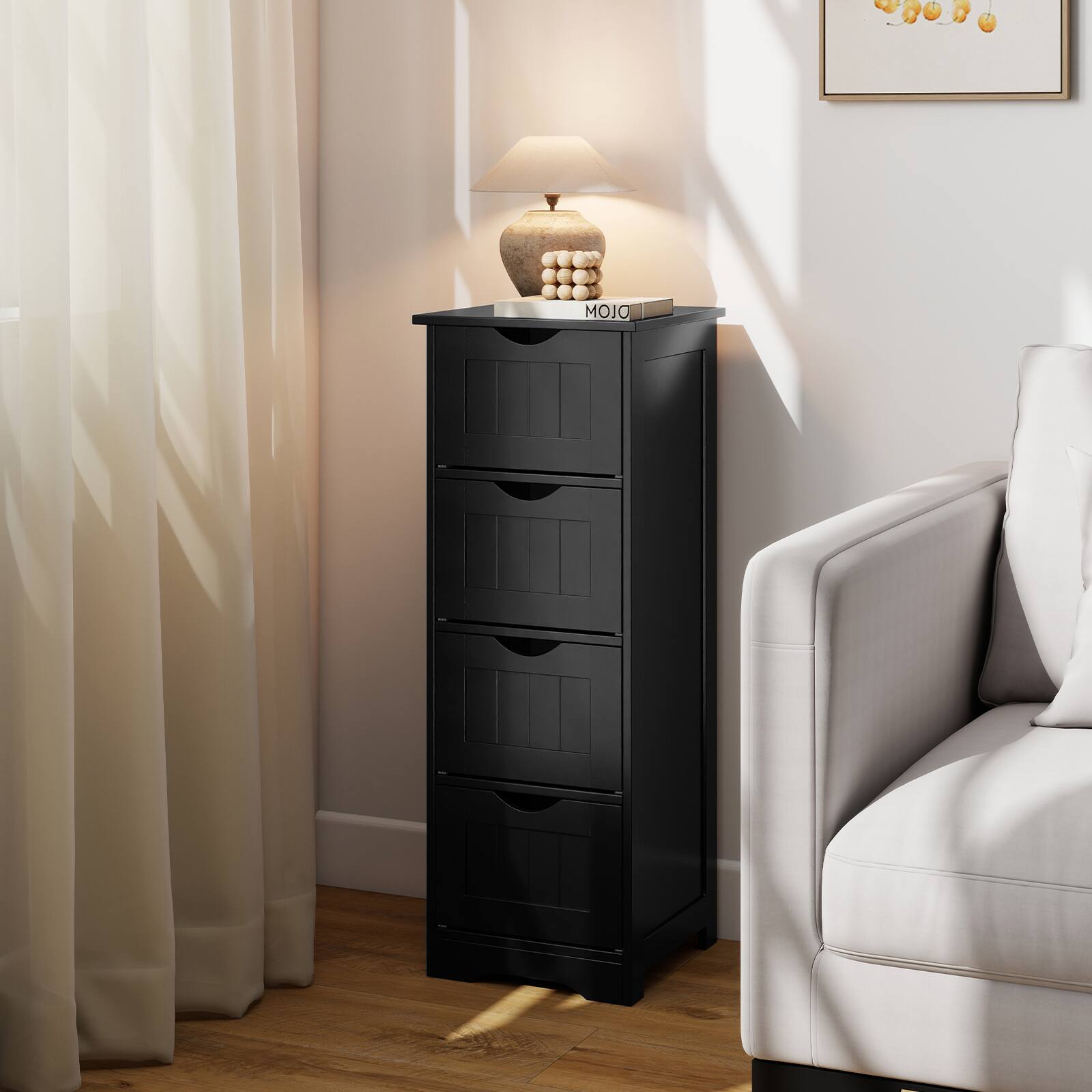 Alt View 1. Gymax - Gymax Bathroom Floor Cabinet Freestanding Narrow Side Storage Organizer w/ 4 Drawers - Black.