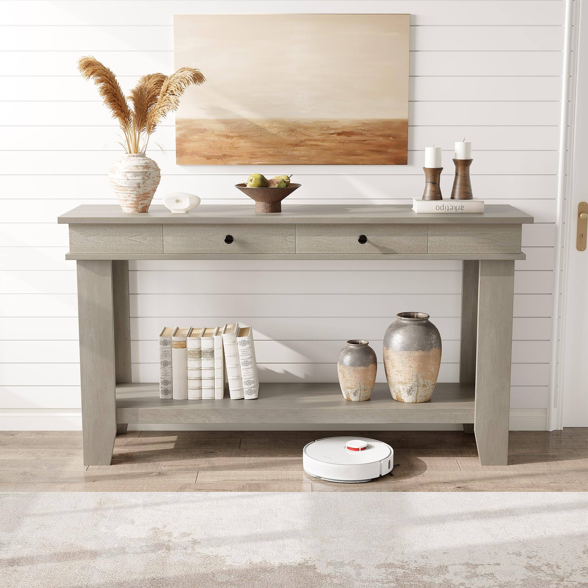 Front. Qeetex - 54-Inch Console Table with Drawers, Wooden Entryway Table with Open Shelf, Farmhouse Sofa Table for Living Room - Gray.