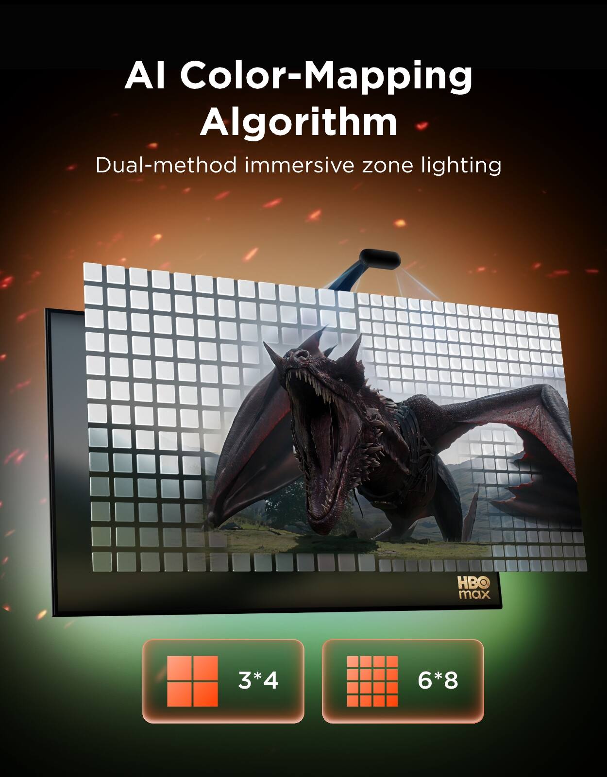 AI Color-Mapping Algorithm  
Dual-method immersive zone lighting  
HBO max  
3*4  
6*8