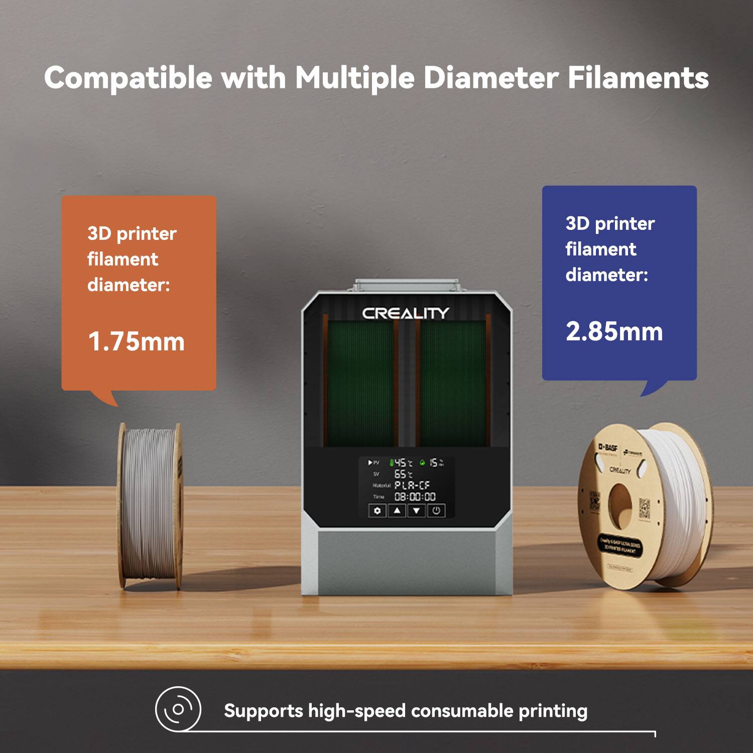 Compatible with multiple diameter filaments, the CREALITY 3D printer filament has a diameter of 1.75mm and 2.85mm. The printer supports high-speed consumable printing, making it an efficient and reliable choice for your 3D printing needs.
