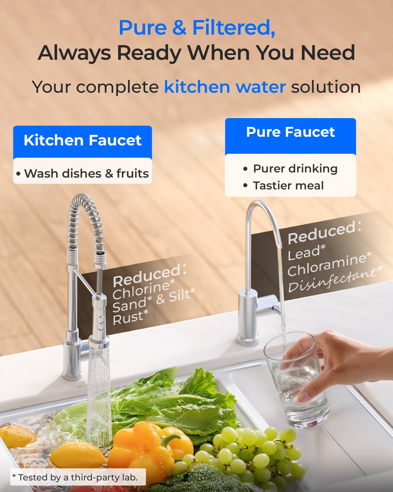 Pure & Filtered, Always Ready When You Need  
Your complete kitchen water solution  

Kitchen Faucet  
- Wash dishes & fruits  

Pure Faucet  
- Purer drinking  
- Tastier meal  

Reduced:  
- Chlorine* & Silt*  
- Sand*  
- Rust*  

Reduced:  
- Lead*  
- Chloramine*  
- Disinfectant*  

*Tested by a third-party lab.