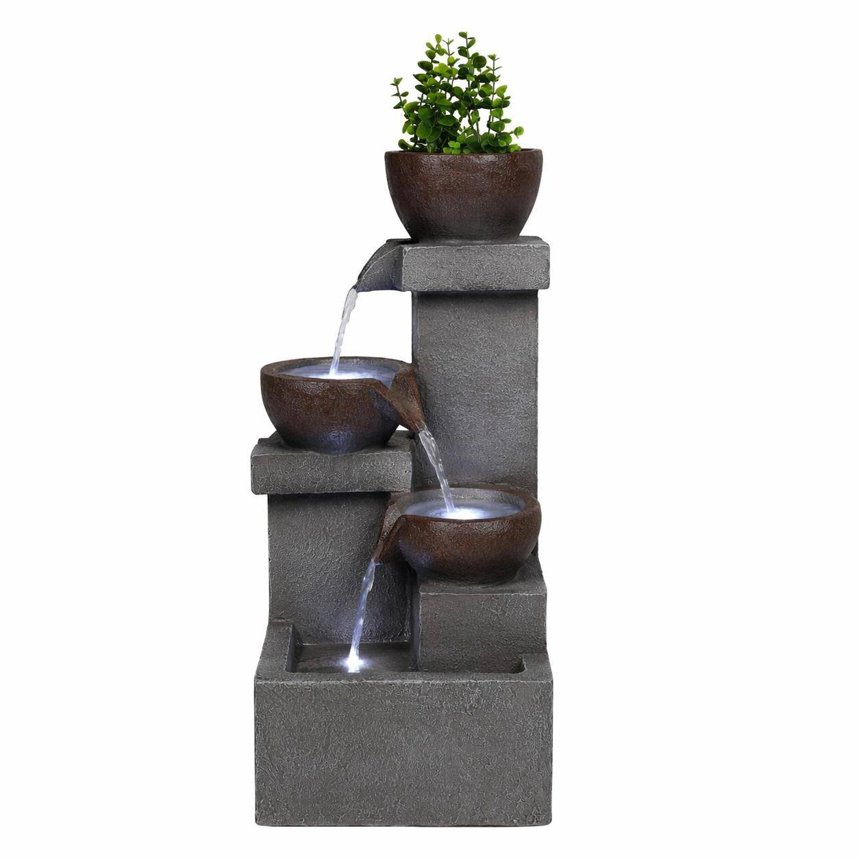 Alt View 2. RYHNUYNE - Outdoor Water Fountain with Planter – Tiered Cascading Jar Waterfall Resin Garden Decor with LED Lights for Patio, Porch.