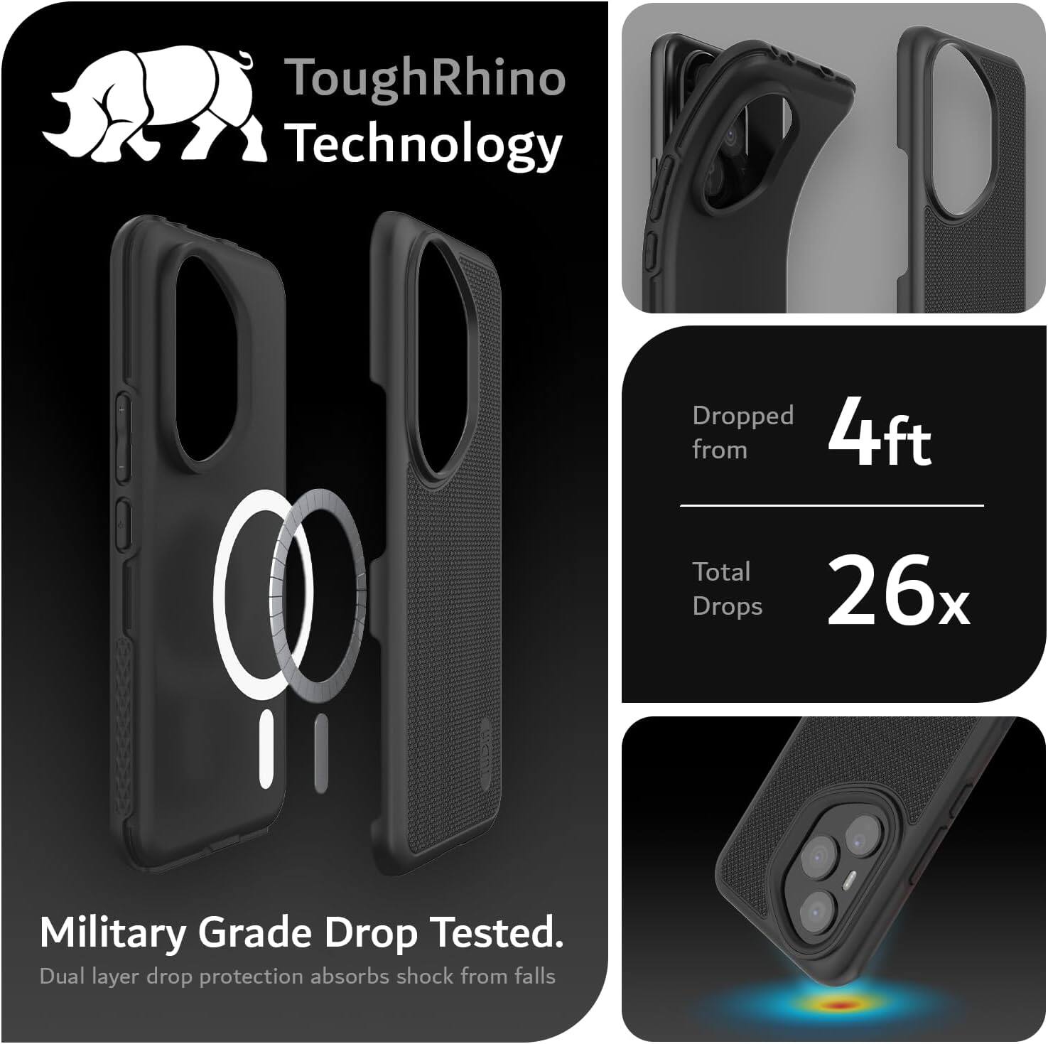 ToughRhino Technology

Dropped from 4ft
Total Drops 26x

Military Grade Drop Tested.
Dual layer drop protection absorbs shock from falls