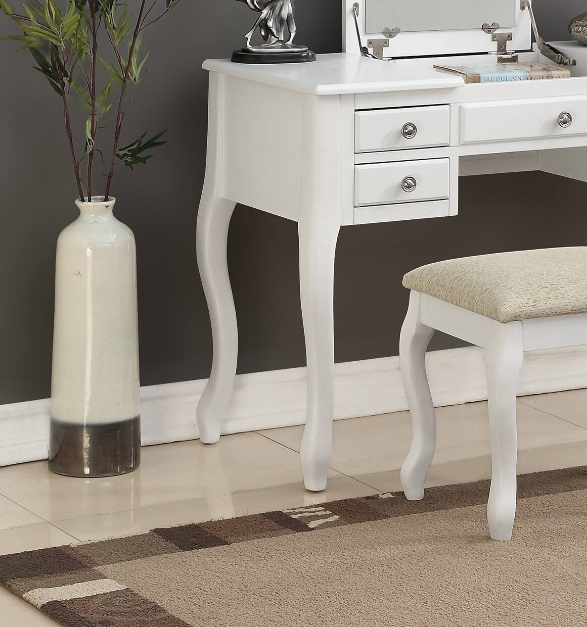 Back. APRILSOUL - Classic 1pc Vanity Set Stool White Color Drawers Open-up Mirror Bedroom Furniture Unique Legs Cushion Seat Stool Vanity - White.