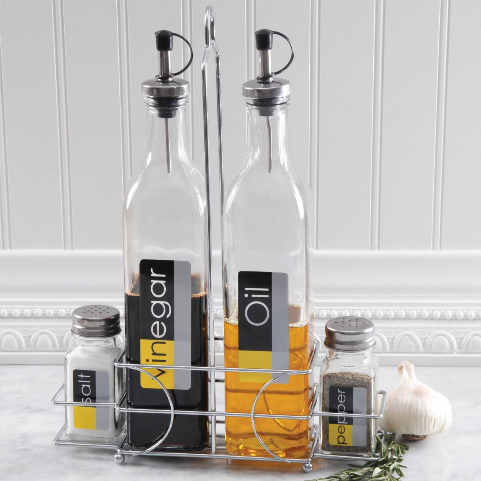 Salt in vinegar, oil, pepper, and garlic.