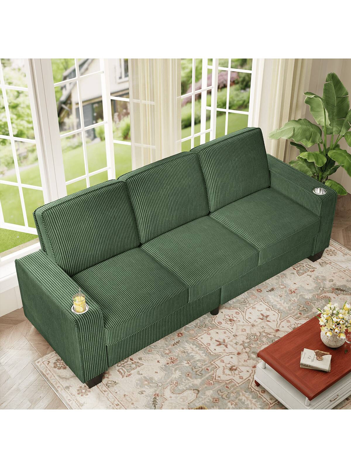 Left. Trinkets Crazed - 83.5 Inch Oversized 3 Seater Couch,Upholstered Corduroy Love Seat Sofa for Living Room,Modern Deep Seat Loveseat Sofa - Green.