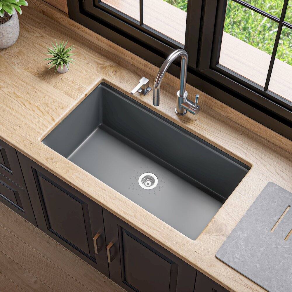 Back. Alfi - 33" Granite Composite Workstation Step Rim Single Bowl Undermount Sink - Gray.