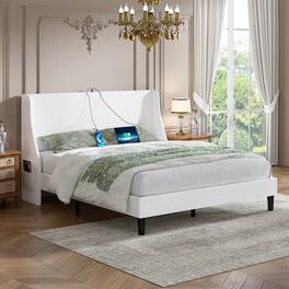 Vecelo - Upholstered Bed Frame with Headboard and Wingback, Full Size Bed Frame, Platform Bed with USB, and Type-C Ports - White